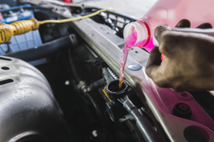 cooling system service, auto repair in Milwaukee, WI at Next Level Auto Services. Mechanic pouring pink coolant into a car radiator in an auto repair shop.